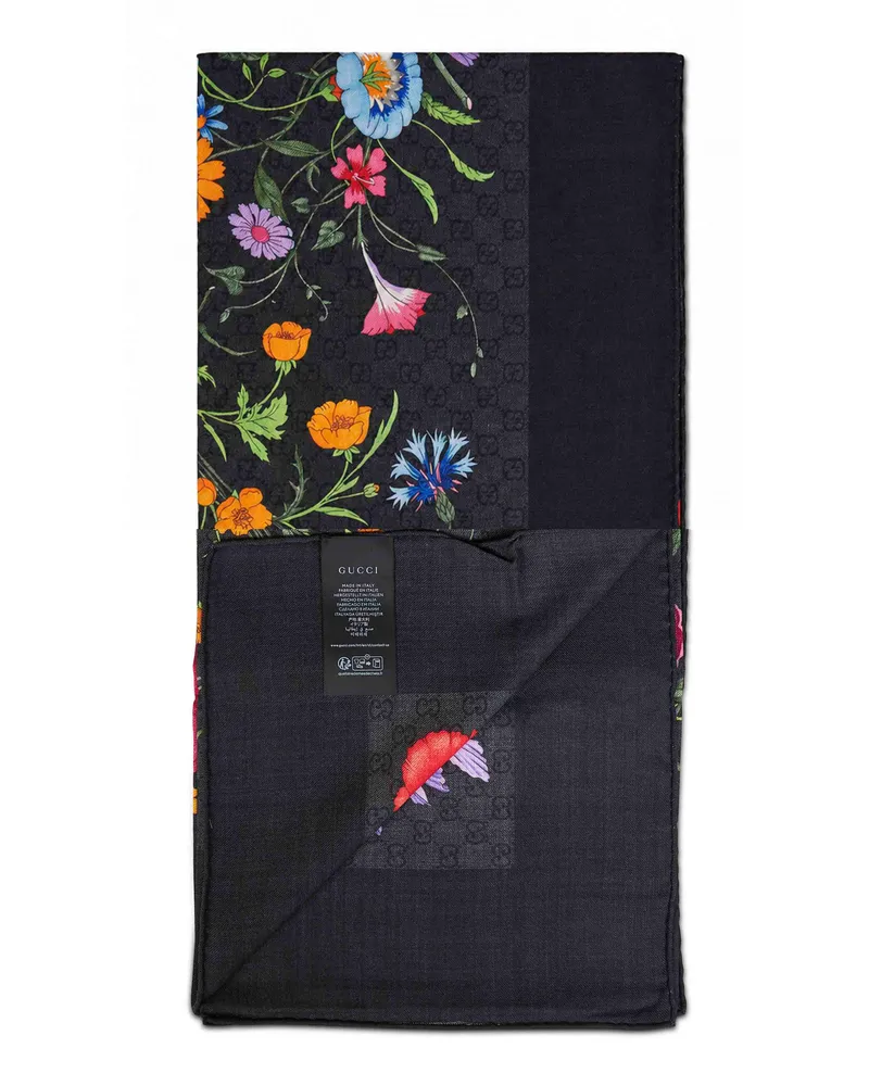 Gucci Floral Print Wool and Silk Scarf — Black Black