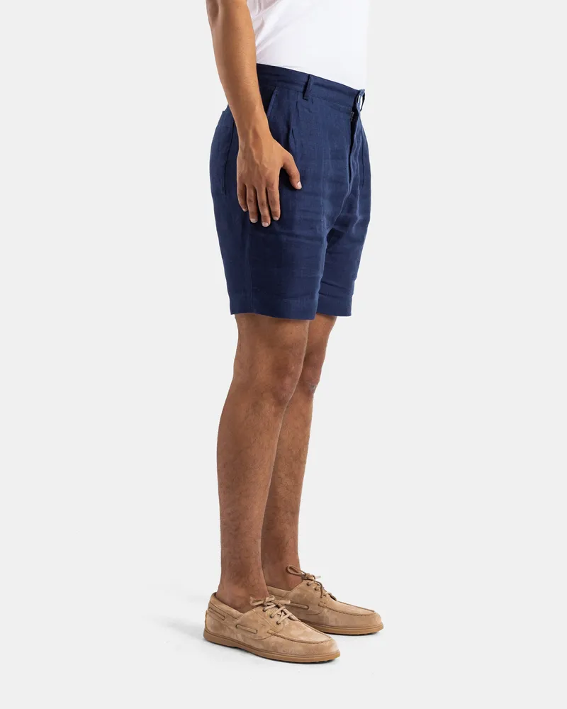 SEASE Men's Navy Blue Pleated Linen And Cotton Shorts Trousers Navy