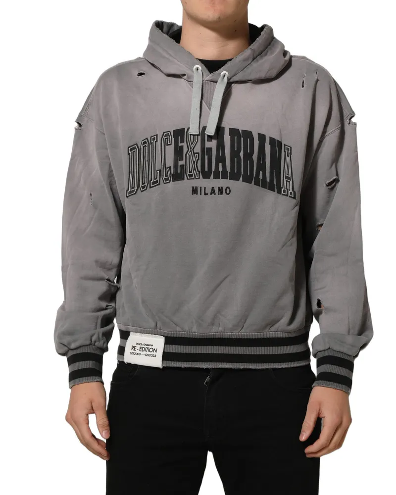 Dolce & Gabbana Gray Graphic Hooded Sweatshirt Men Sweater Cotton Clothing Gray