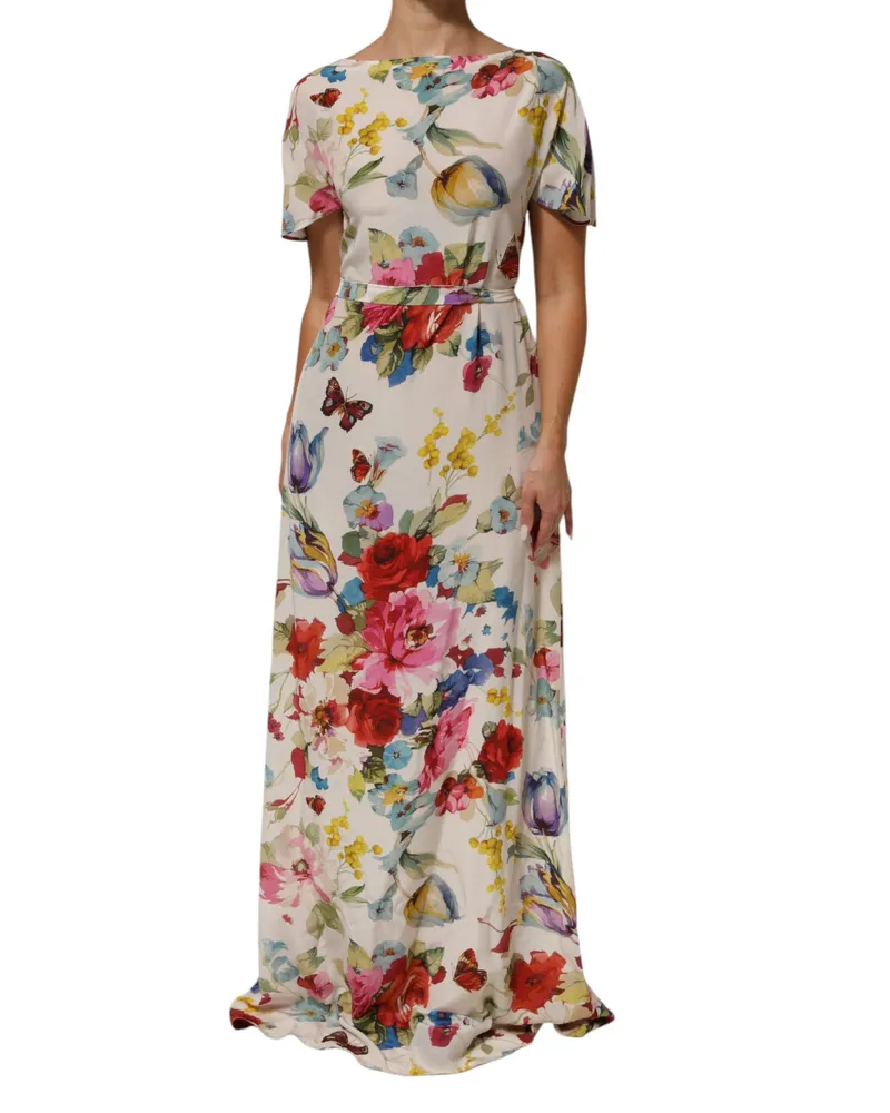 Dolce & Gabbana Women White Floral Print Silk Sheath Longgown Dress 11+se White