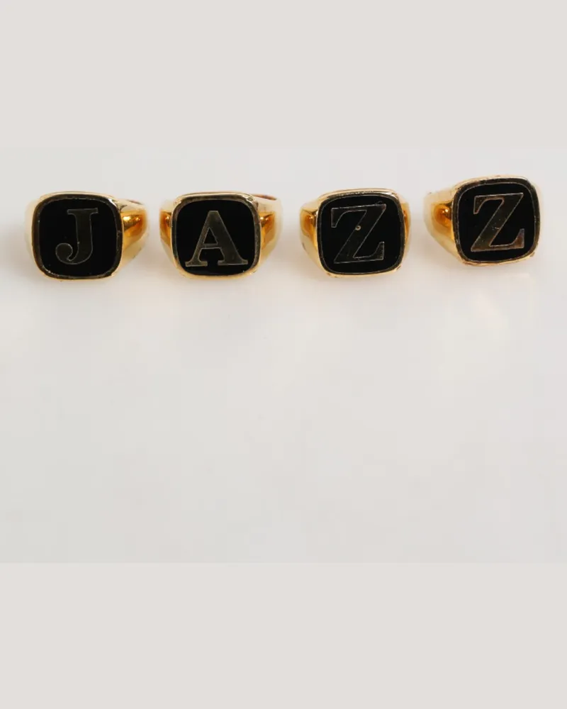 Dolce & Gabbana Men's Gold Tone Brass Jazz Letter Set 4 Pieces Adjustable Ring Black Silver Ename Gold