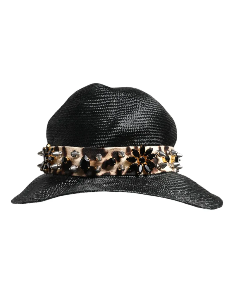 Dolce & Gabbana HAT9648 Studded Crystal-Embellished Straw Hat — Black Black