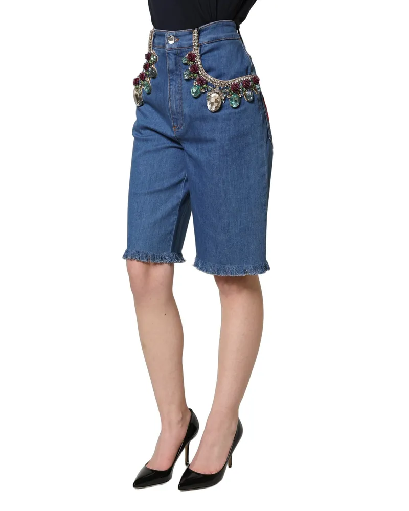 Dolce & Gabbana Embellished Cotton Denim Bermuda Shorts — Blue Blue