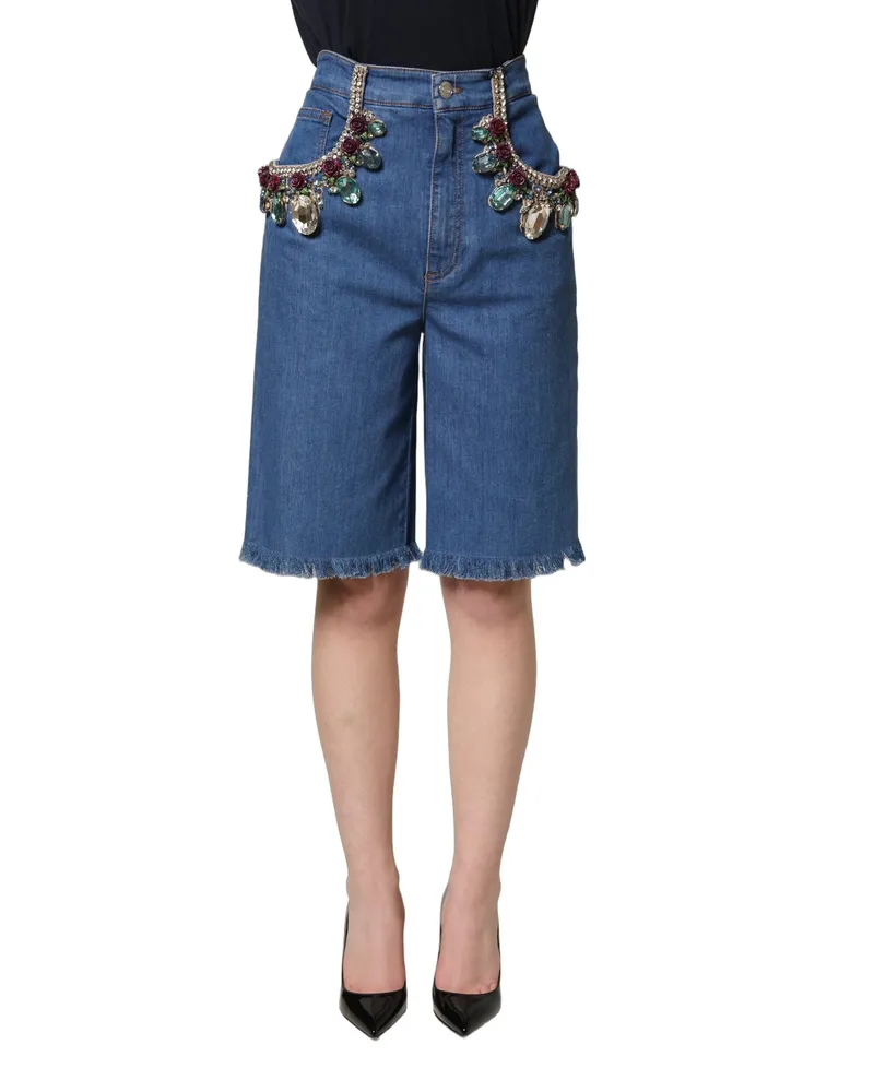 Dolce & Gabbana Women's Blue Cotton Embellished Bermudadenim Shorts Elastane Blue