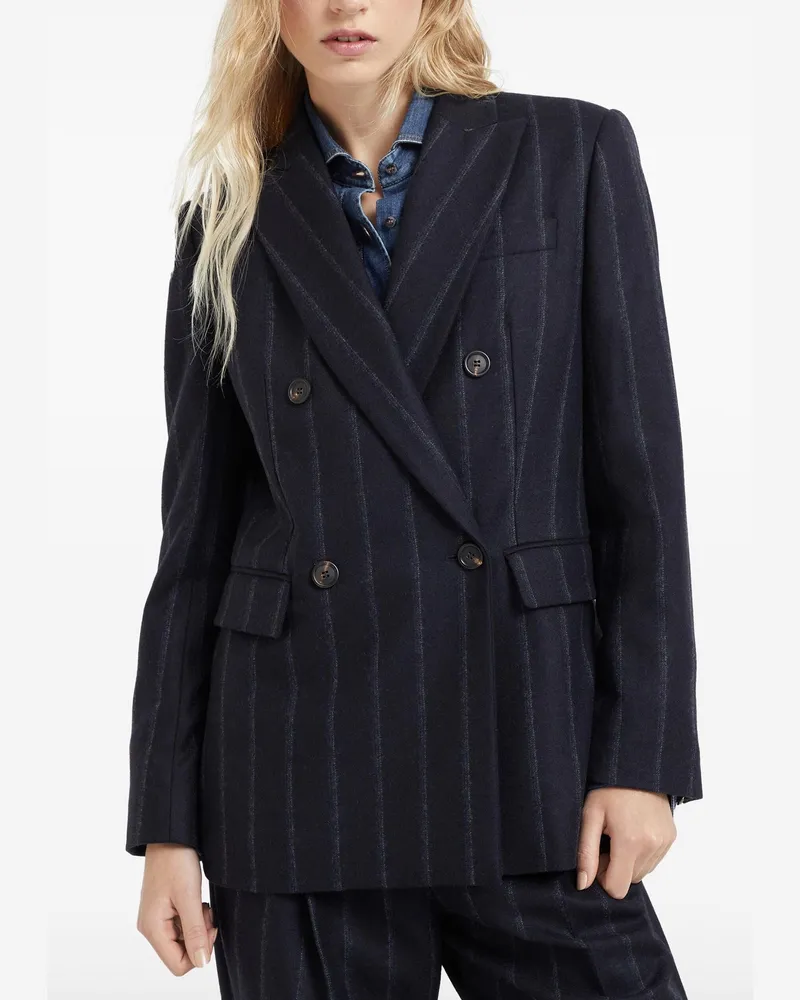 Brunello Cucinelli Wool Pinstriped Double-Breasted Blazer — Navy Navy