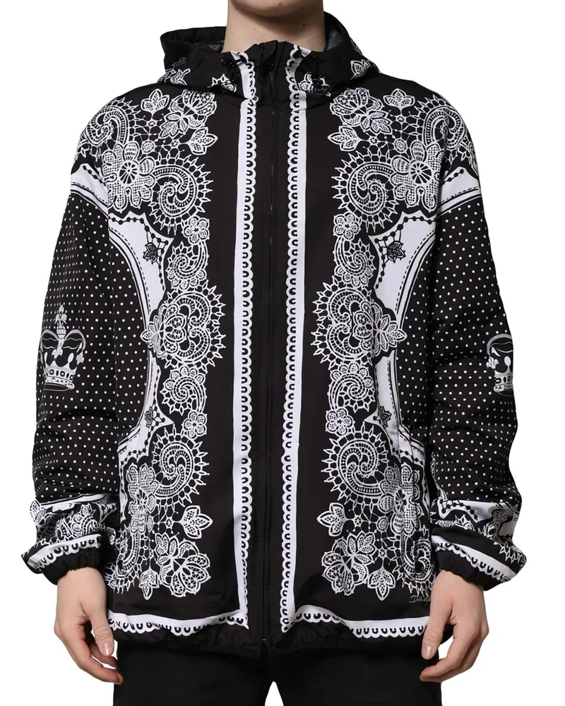 Dolce & Gabbana Men's Black Bandana Print Hooded Bomber Jacket Polyester Clothing Black