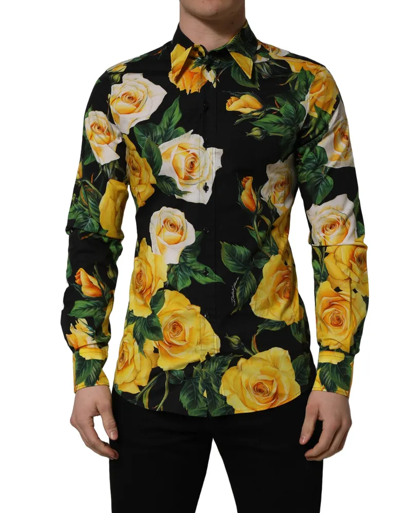 Dolce & Gabbana Men's Black Floral Stretch Cotton Sicilia Fit Dress Shirt Elastane Black