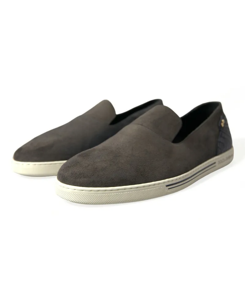 Dolce & Gabbana Blue Suede Caiman Men Loafers Slippers Shoes Gray