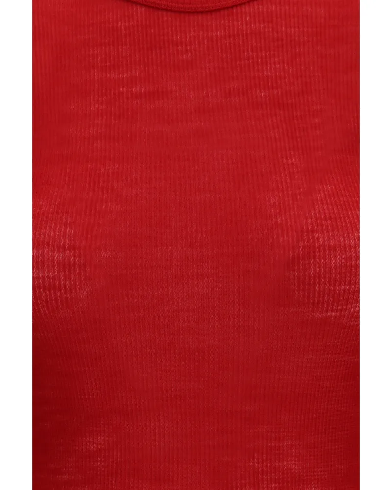 Versace Women's Ribbed Knit T-Shirt Lipstick Red Fleece Wool T-Shirts & Jerseys Red