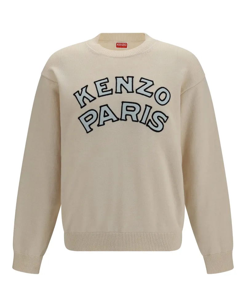 Kenzo Men's Crewneck Sweater Emblem Off White Merino Wool Beige