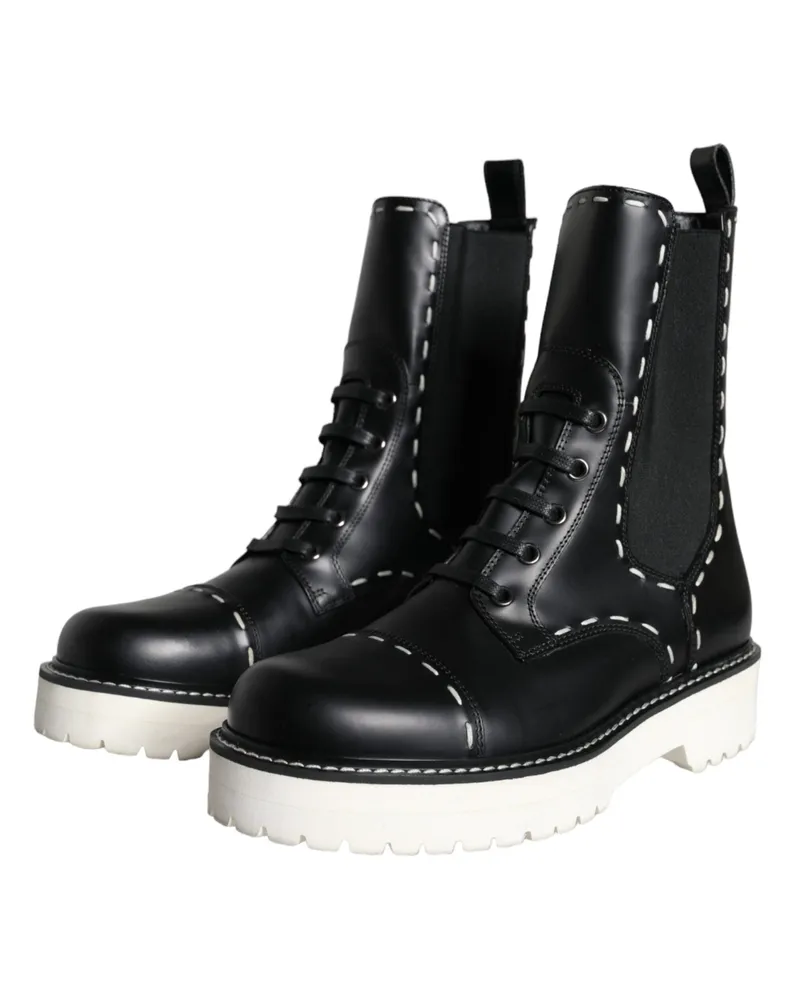 Dolce & Gabbana Women's Black Leather Combat Mid Calf Boots Shoes And White Black