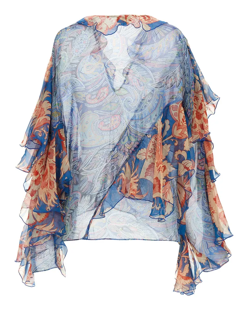 Etro Foliage and Floral Print Silk Chiffon Blouse — blue Blue