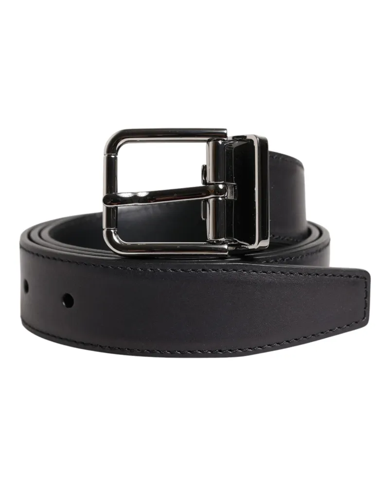 Dolce & Gabbana Men's Black Classic Calf Leather Silver Buckle Belt Black