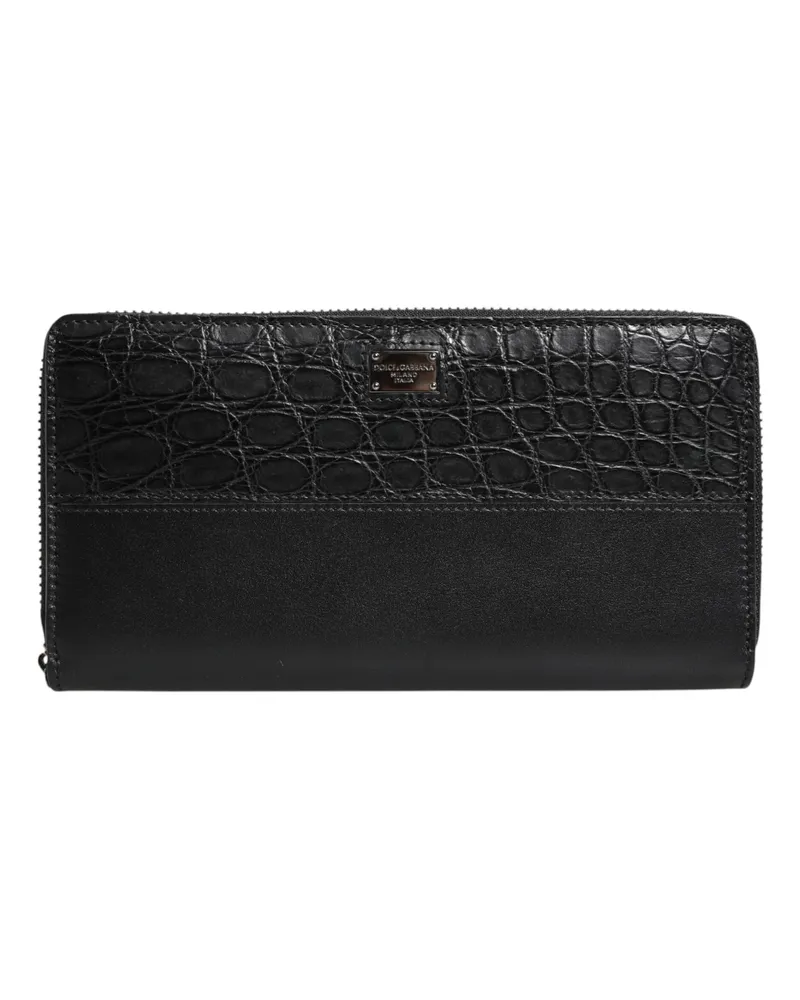 Dolce & Gabbana Men's Black Leather Logo Plaque Zip Around Continental Wallet Calf Caiman Black