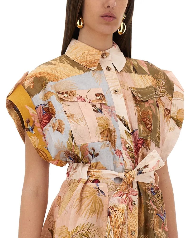 Zimmermann Linen Overalls with Ascension Lapels Dress — Multicolor Multicolor