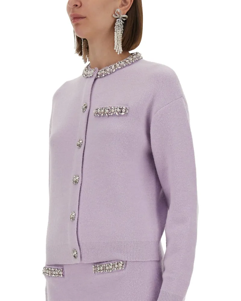 Self-Portrait Crystal-Embellished Knit Cardigan — Purple Purple
