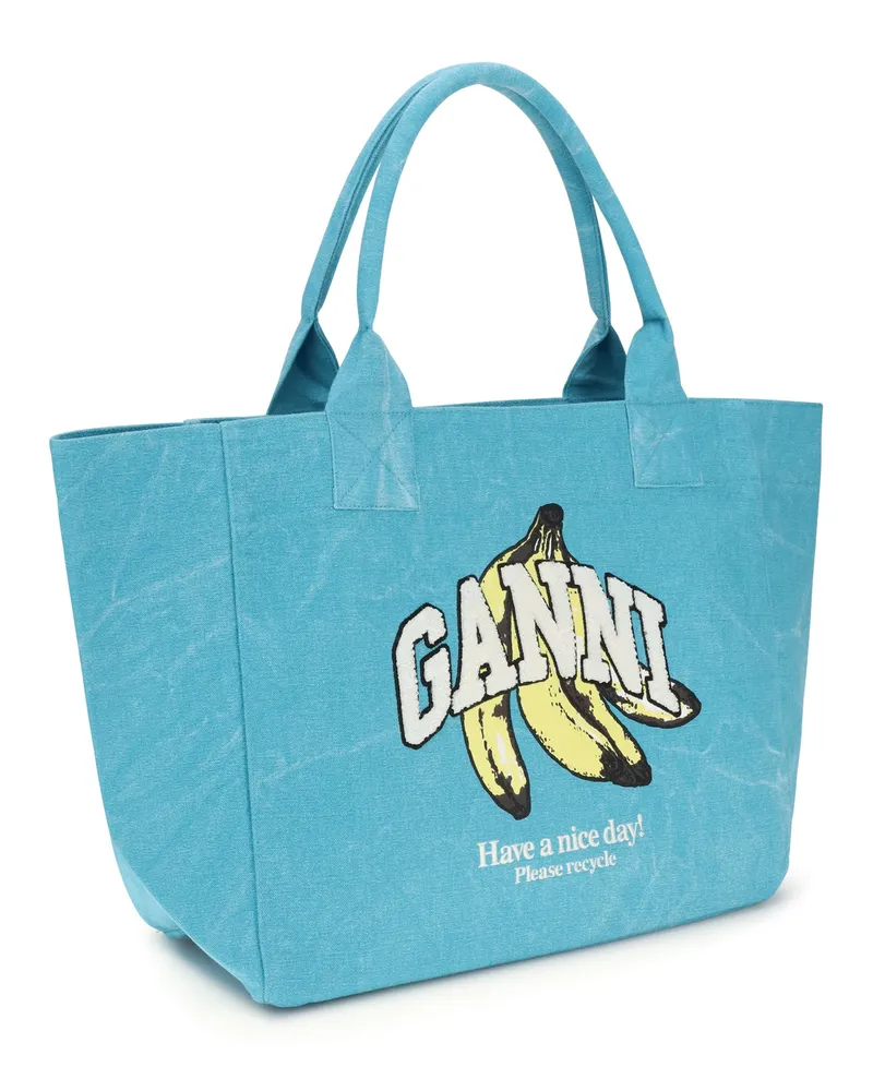Ganni Women's Medium Banana Print Tote Bag Blue Curacao Recycled Cotton Shoulder Blue