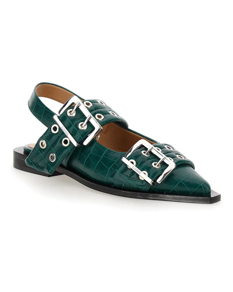 Ganni Women's Green Ballet Shoes With Double Buckle Recycled Leather Ballerina Green