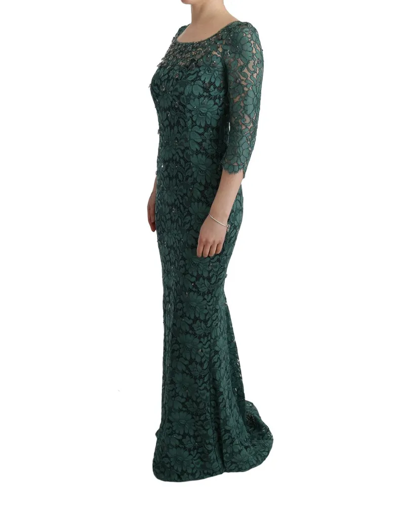 Dolce & Gabbana Women's Green Floral Crystal Ricamo Sheath Dress Cotton Green