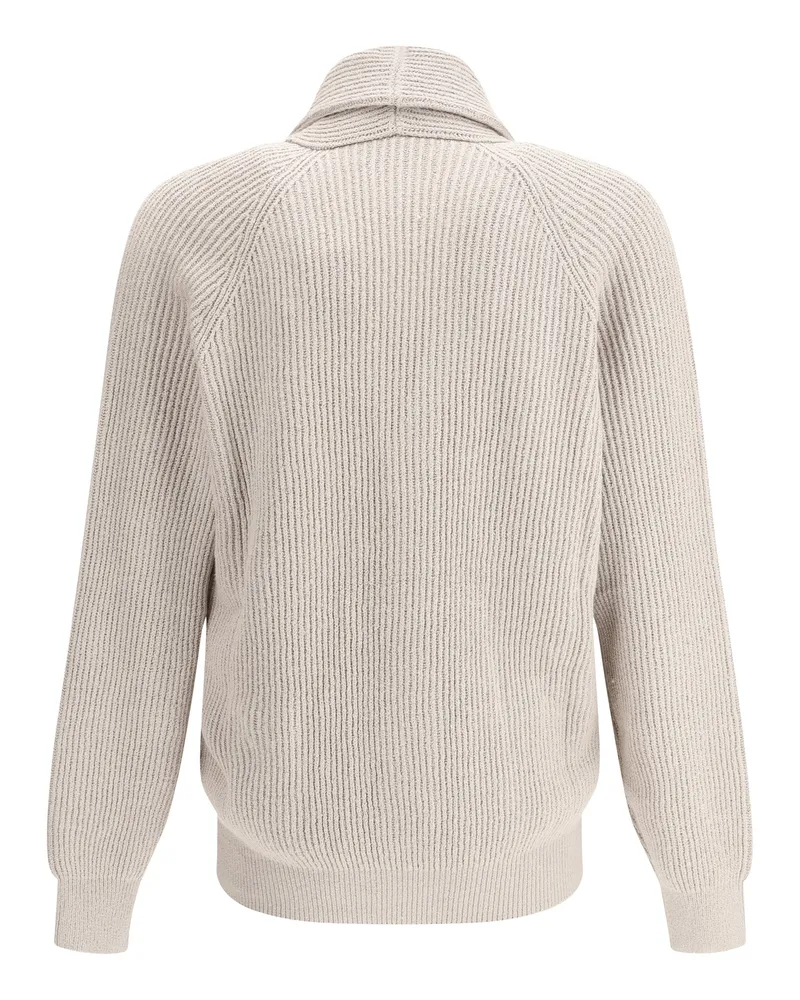 Brunello Cucinelli Men's Ribbed Cardigan Juta Cotton Sweater Beige
