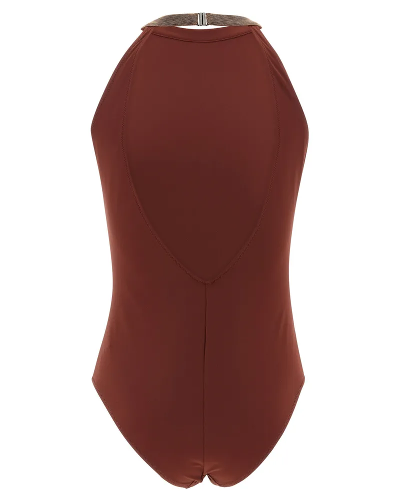Brunello Cucinelli Precious Collar One-Piece Swimsuit — Burgundy Burgundy