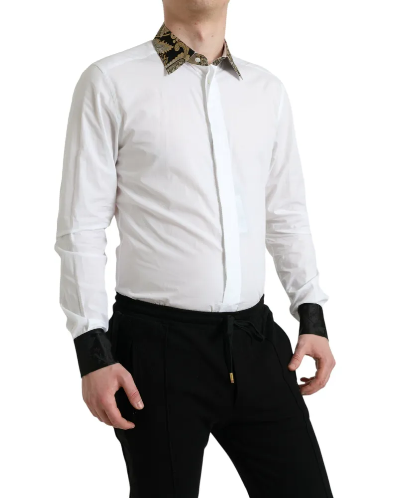 Dolce & Gabbana Men's White Cotton Jacquard Formal Gold Dress Shirt White