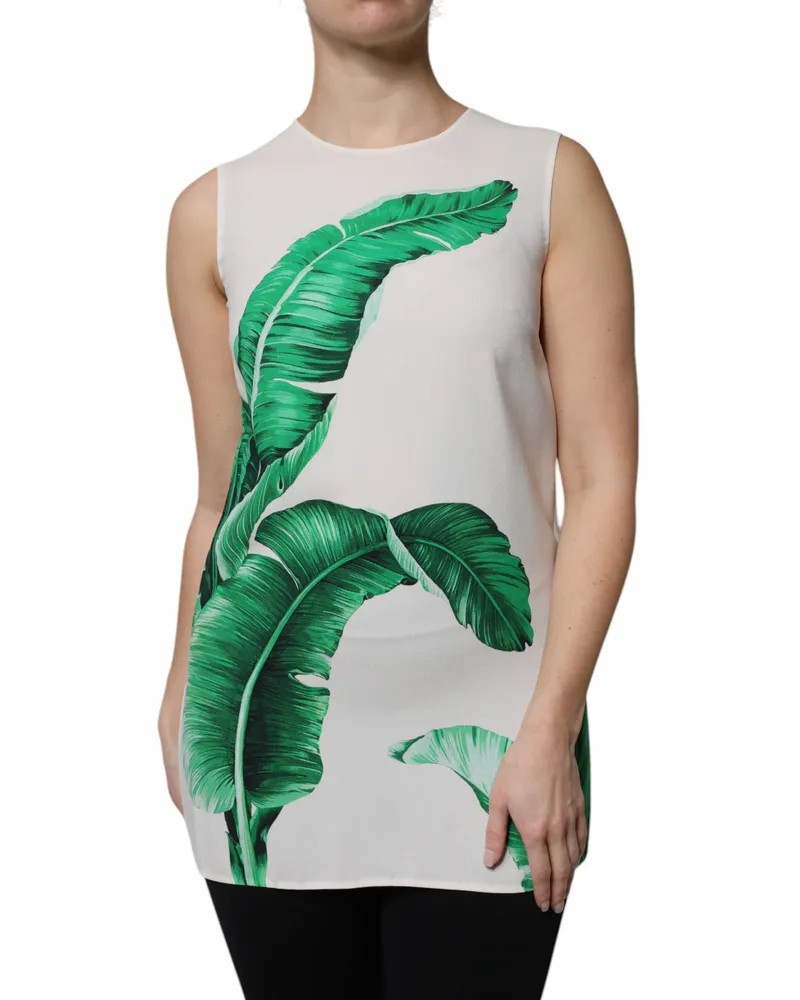 Dolce & Gabbana Women White Banana Leaf Print Round Neck Tank Top Viscose White