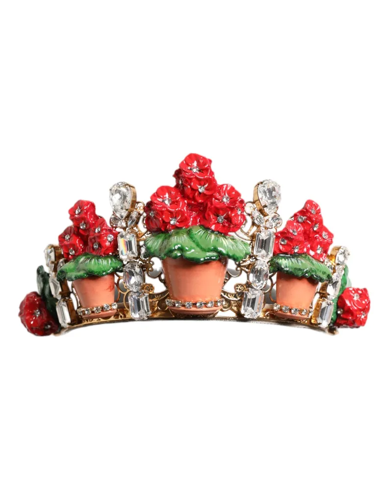 Dolce & Gabbana Women's Red Floral Flowerpot Crystal Gold Crown Tiara Headband Brass Accessory Multicolor