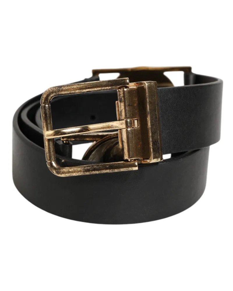 Dolce & Gabbana Men's Black Leather Gold Silver Coin Buckle Belt Calf Black