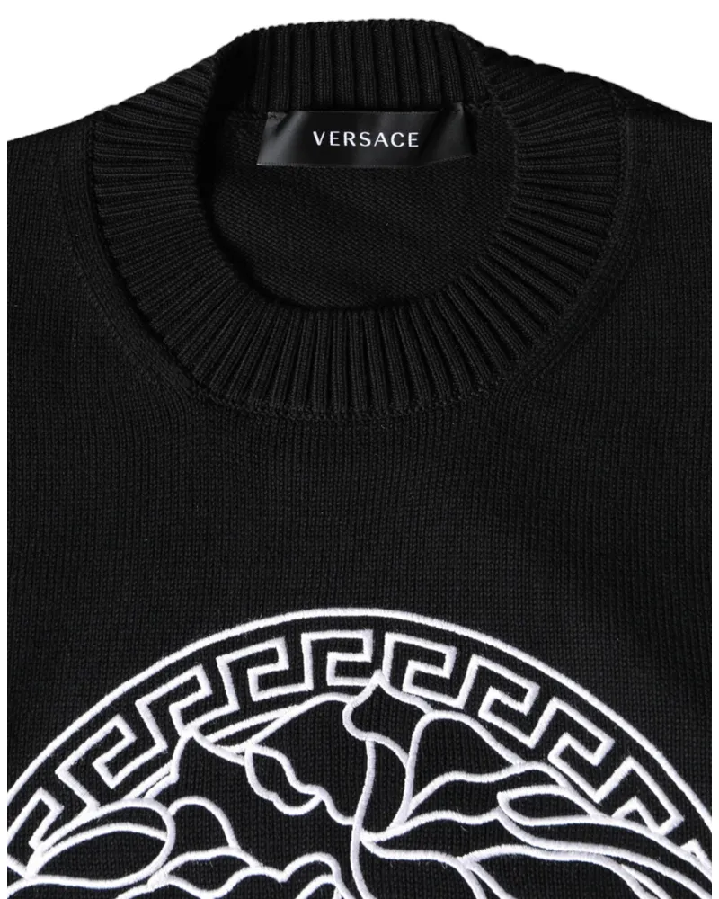 Versace Men's Black Medusa Embroidery Crew Neck Pullover Sweater Cotton Clothing Black