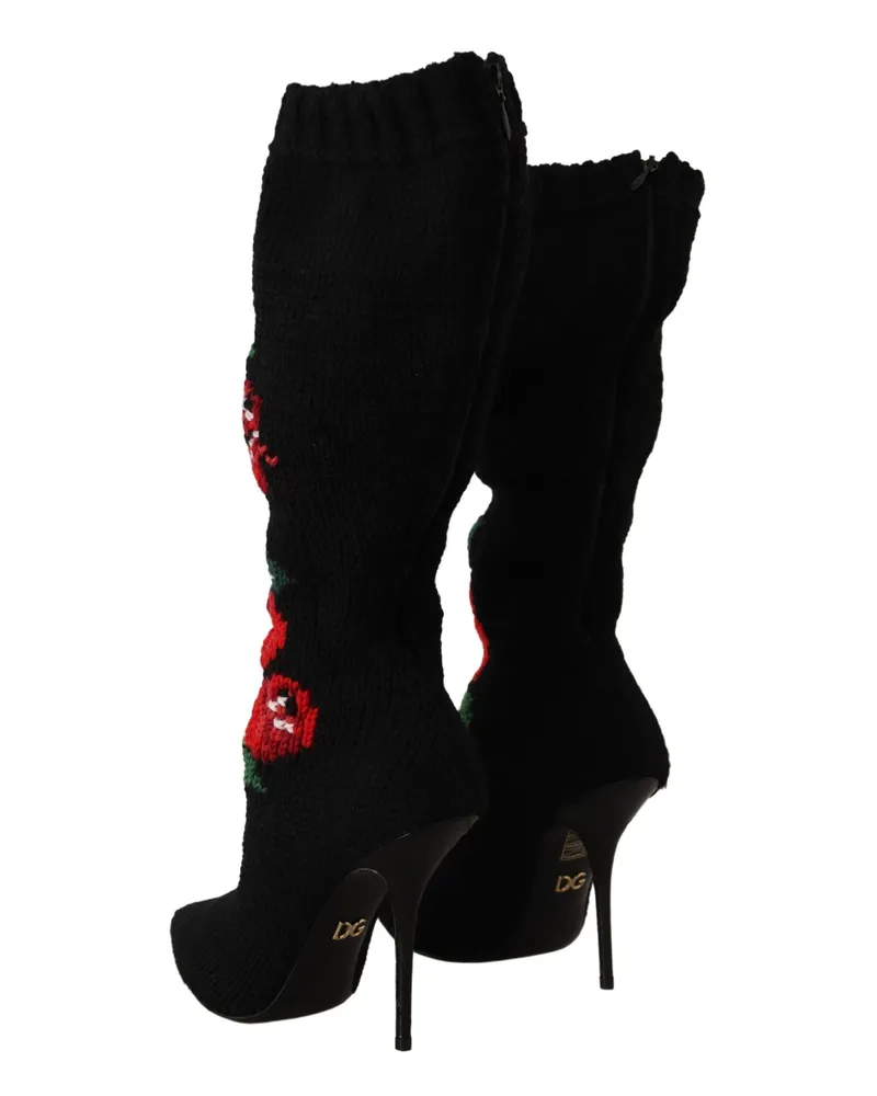Dolce & Gabbana Women's Black Stretch Socks Red Roses Booties Shoes Wool Black