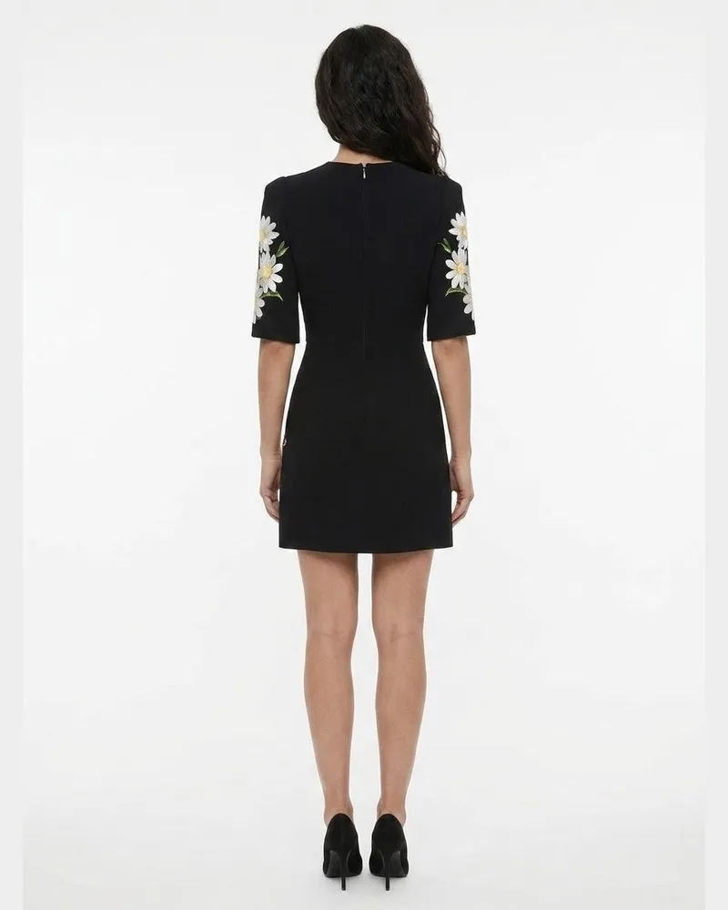 Dolce & Gabbana Daisy-Embroidered Wool Dress — Black Black