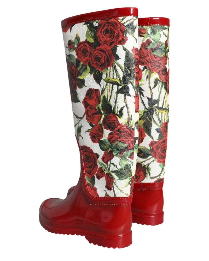 Dolce & Gabbana Women's Red Floral Rubber Knee High Flat Boots Shoes Red