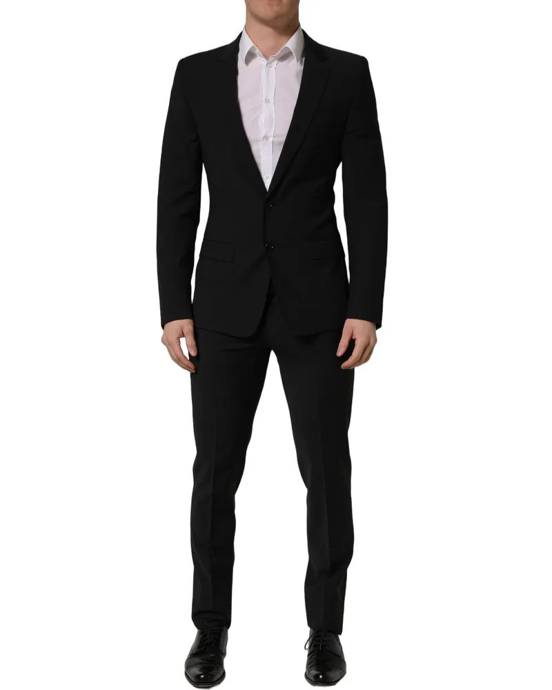 Dolce & Gabbana Black Wool Slim Fit Formal 2 Piece Men Suit Polyester Elastane Black