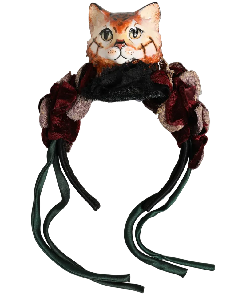 Dolce & Gabbana Women's Multicolor Velvet Bengal Cat Silk Headwear Headband Accessory Multicolor