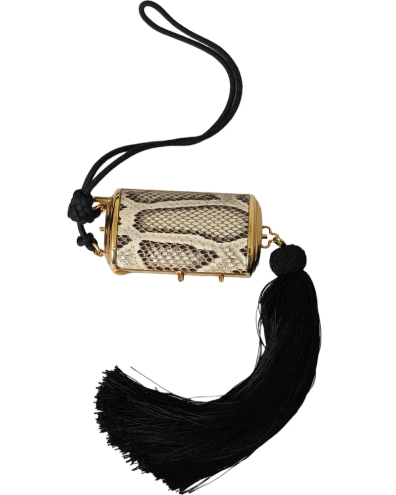 Dolce & Gabbana Women's Beige Exotic Leather Mini Mirror Tassel Make Up Holder Bag Python Beige