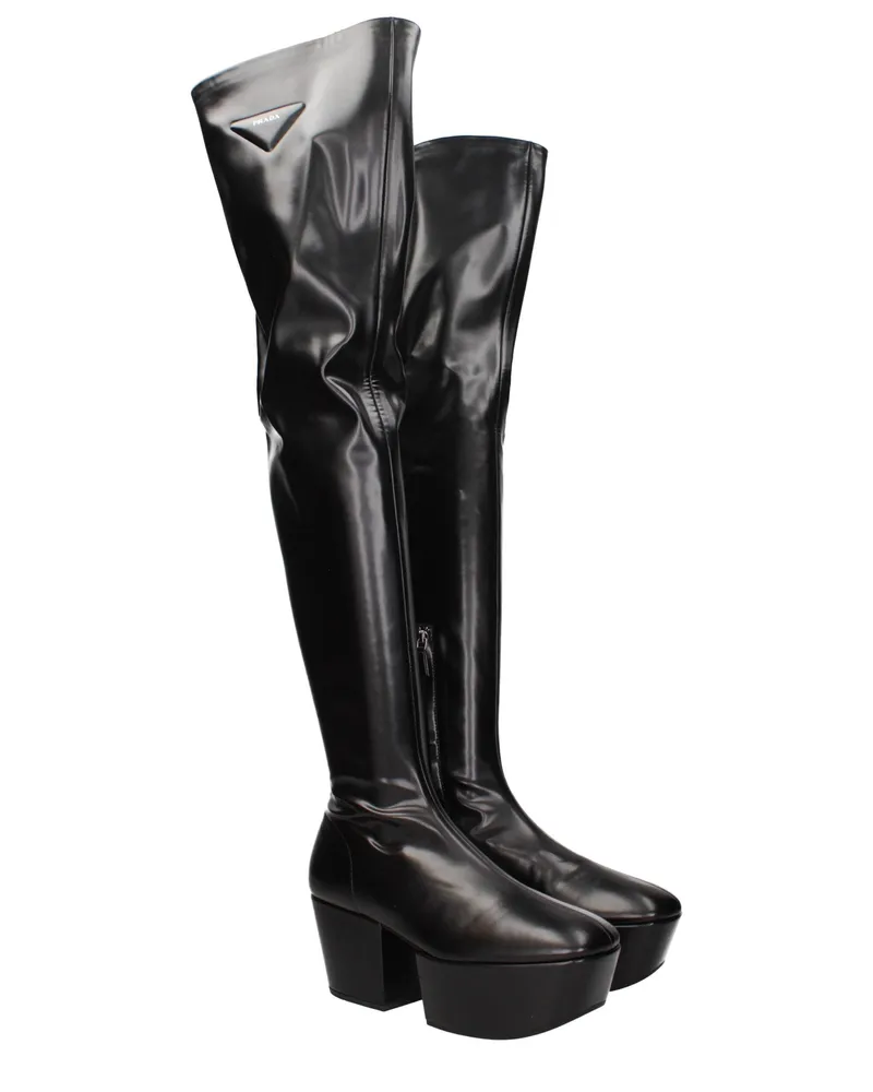 Prada Women's Black Leather Over The Knee Shoe Black