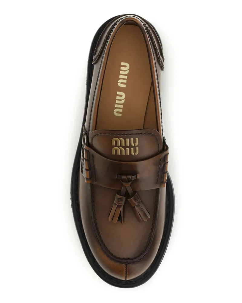 Miu Miu Women's Leather Tassel Loafers Burnt Brown Calf Brown