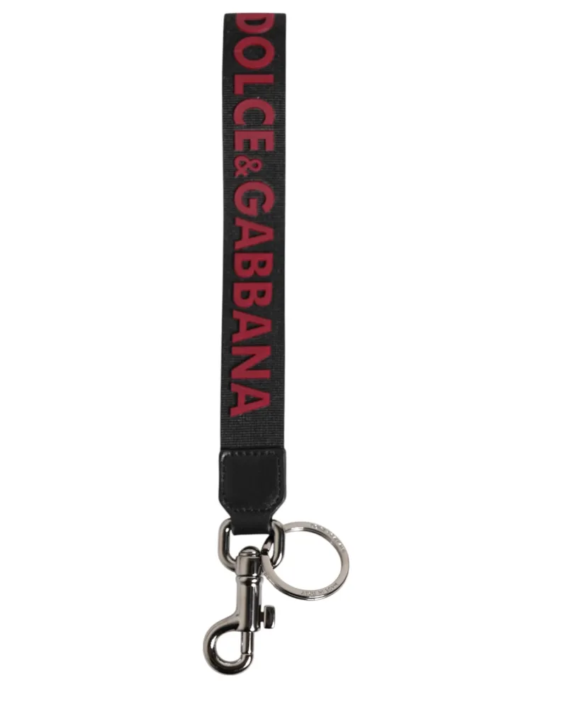 Dolce & Gabbana Black Red Dg Logo Polyester Silver Men Keychain Keyring And Real Brass Calfskin Accessory Black