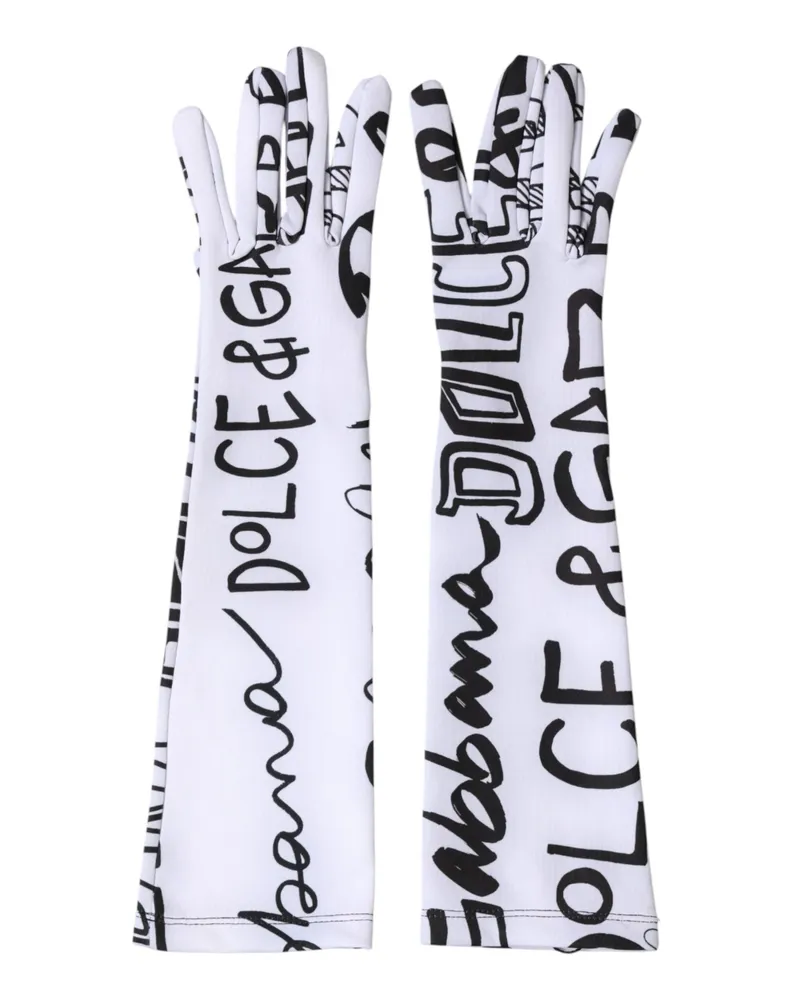 Dolce & Gabbana Women Black White Dg Logo Elbow Length Mitten Gloves And 10+pl White
