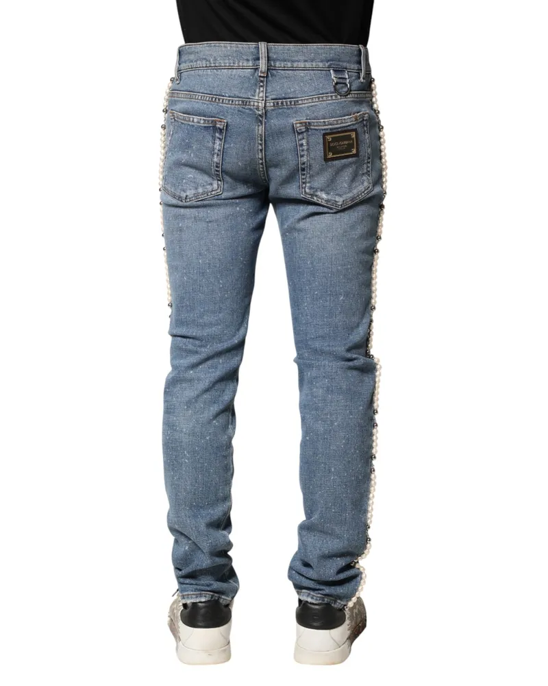 Dolce & Gabbana Men Blue Embellished Cotton Skinny Denim Jeans Co+02 Clothing Blue