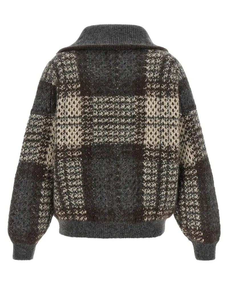 Brunello Cucinelli Tartan Sequin-Embellished Cardigan — Charcoal Charcoal