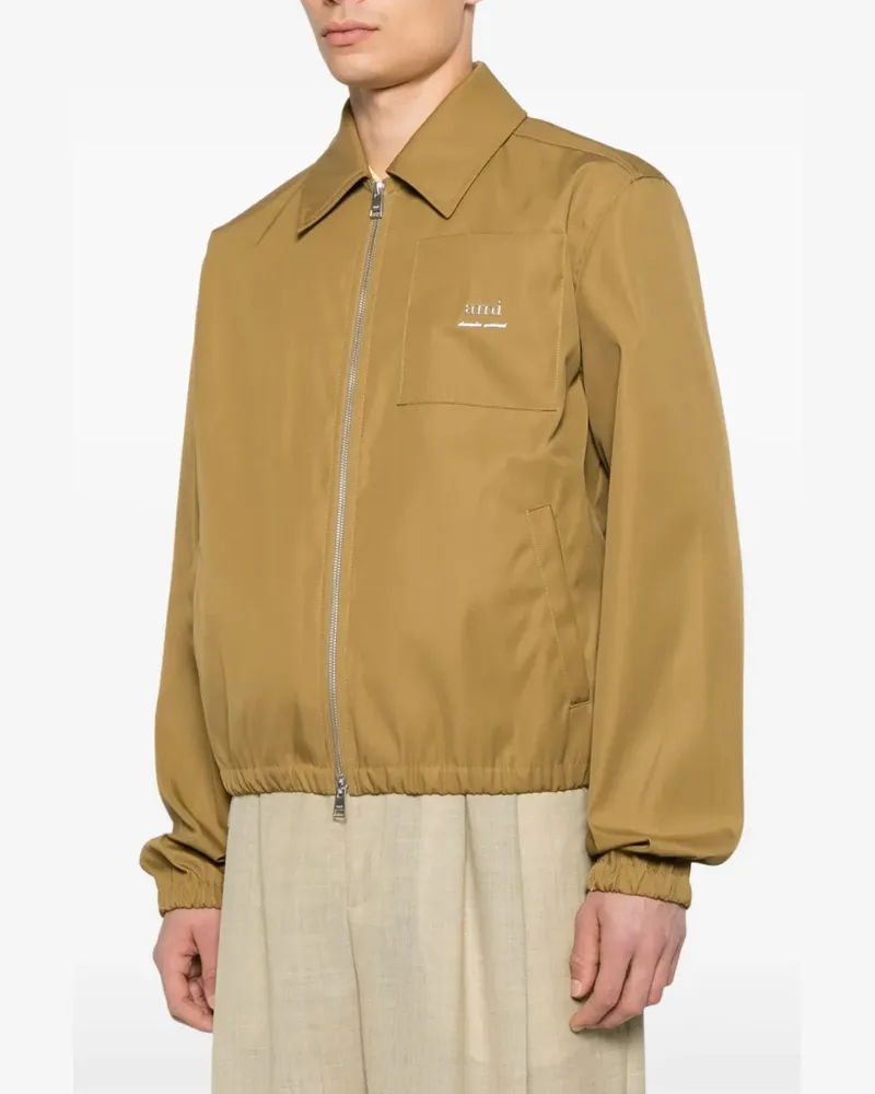 AMI Paris Men Logo Plaque Twill Bomber Jacket Brown Clothing > Coats Brown