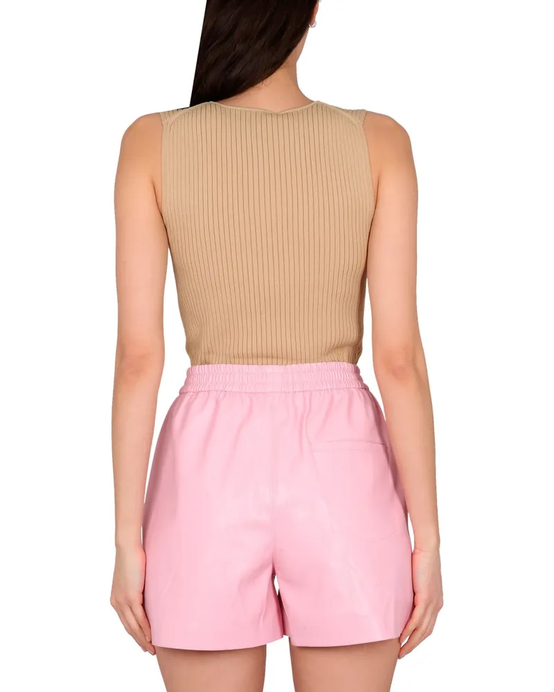Nanushka Ribbed V-Neck Top — Beige Beige