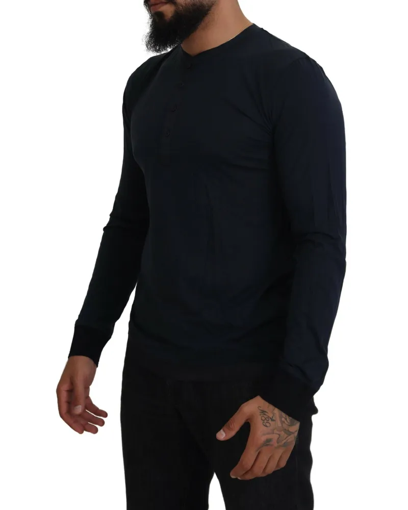 Dolce & Gabbana Men Blue Cotton Button Crewneck Pullover Sweater Silk Clothing Navy