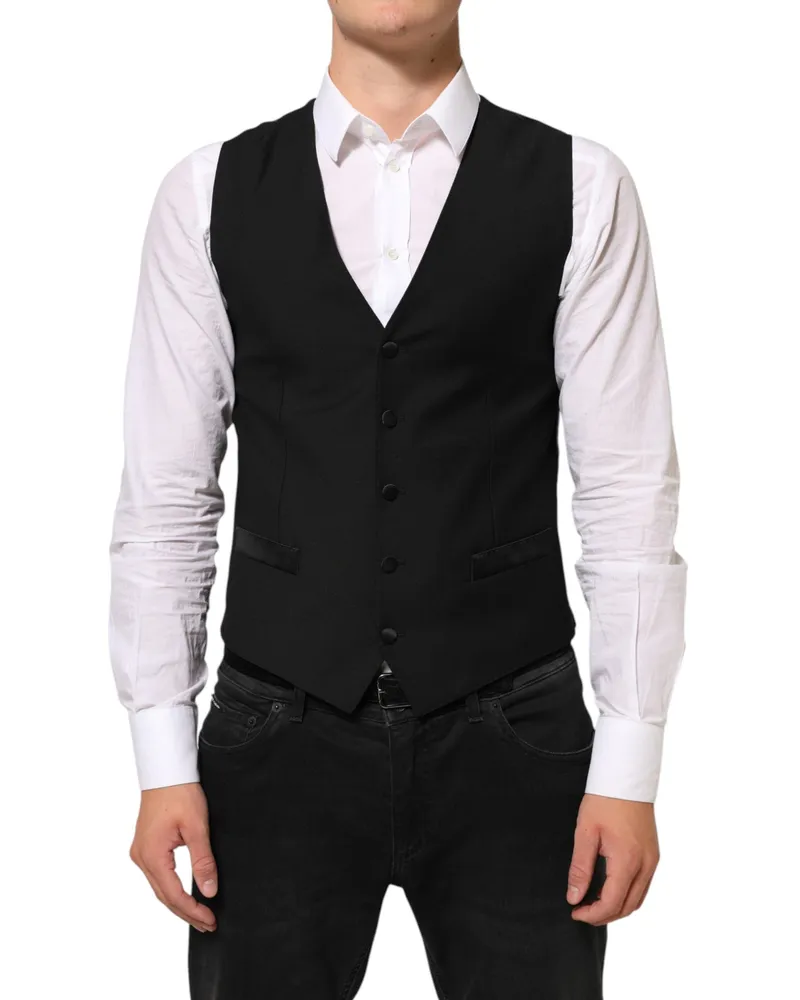 Dolce & Gabbana Black Wool Dress Formal Men Waistcoat Vest Pl+se+wv Black