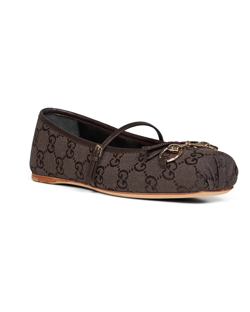 Gucci Women's Ballet Flat Horsebit Brown Cotton Ballerina Shoes Brown