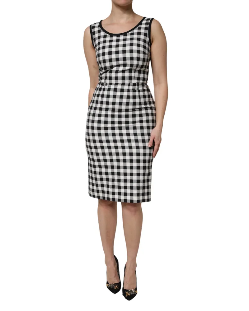 Dolce & Gabbana Women White Black Checkered Sleeveless Sheath Dress Black-White Cotton Black/white Black