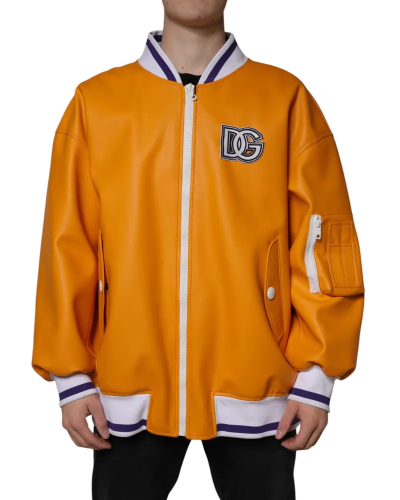 Dolce & Gabbana Men's Orange White Full Zip Jersey Bomber Jacket Pvc Cotton Clothing Orange
