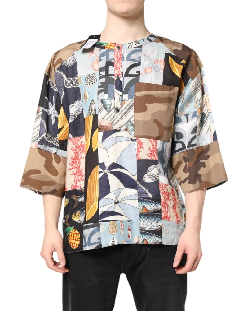 Dolce & Gabbana Men's Multicolor Patchwork Short Sleeves Shirt Flax Cotton Silk Multicolor